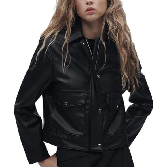 Zara Faux Black Leather Boxy Bomber Jacket XS Motorcycle Moto Biker Cropped - Picture 1 of 10